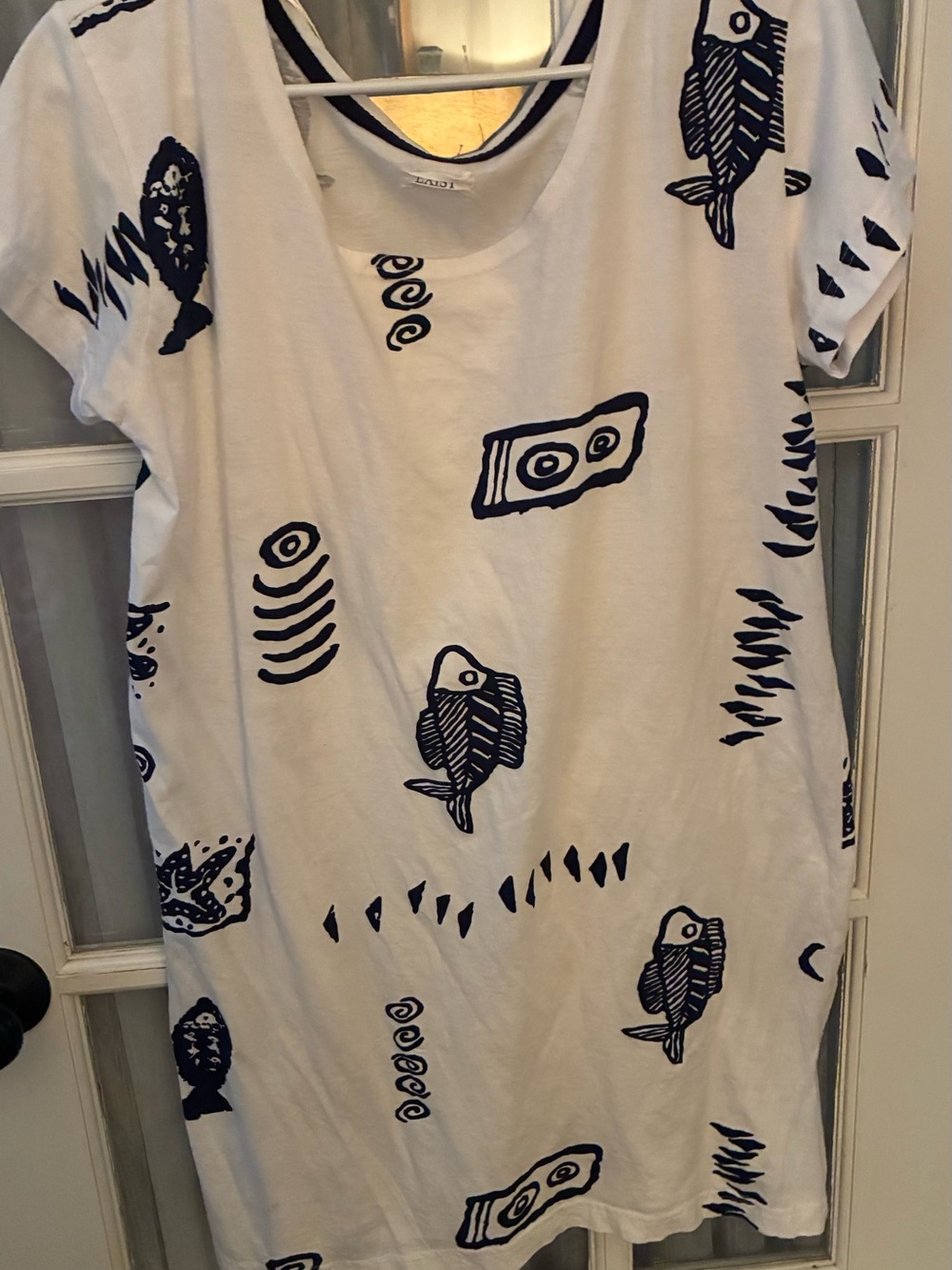 Beach Cover up White Fish-Print T Shirt Dress -  Navy Fish Design